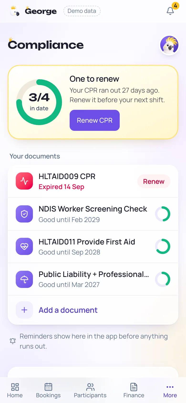 The Compliance screen on a phone: 3 of 4 documents in date, a card saying the CPR ran out with a Renew button, and each document with its own countdown