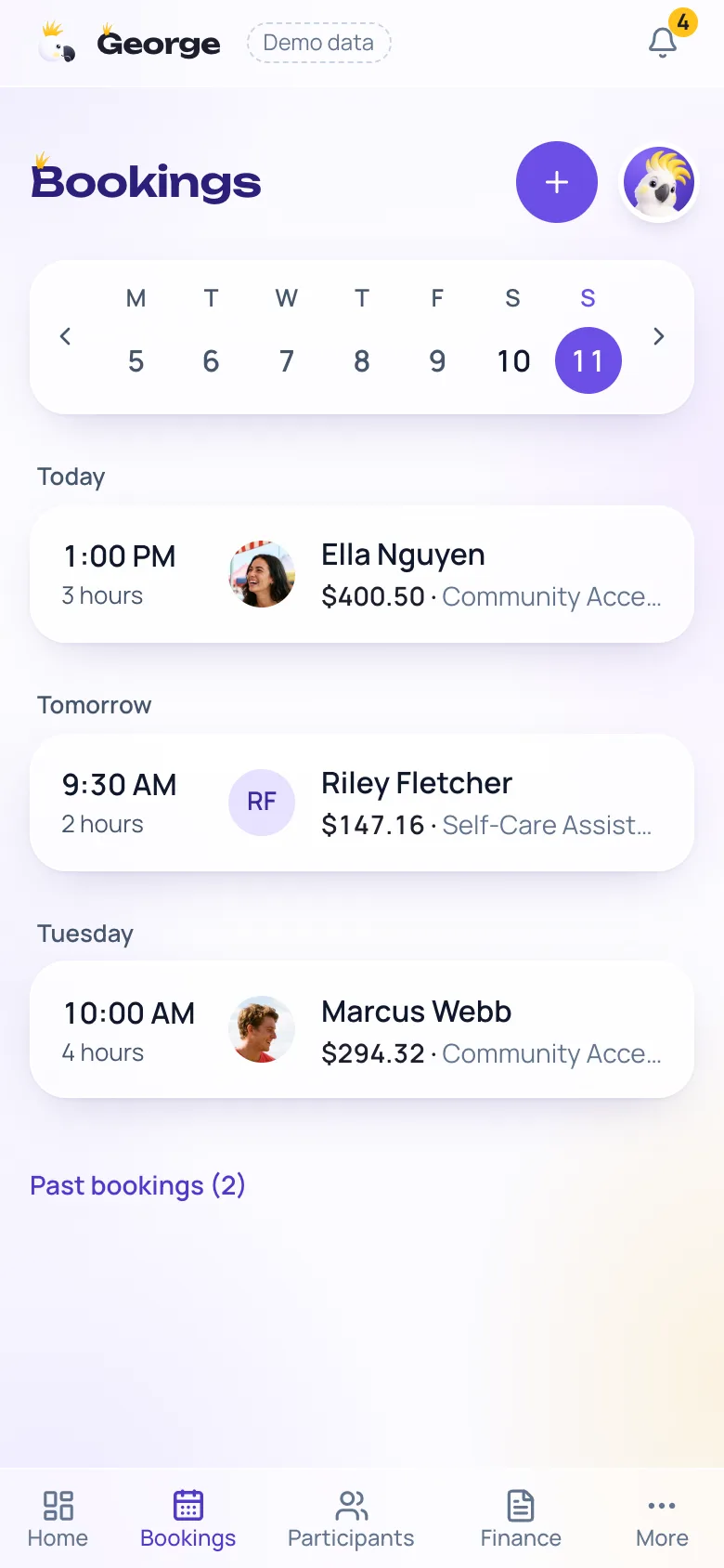 The Bookings screen on a phone: today Ella Nguyen at 1pm for 3 hours, tomorrow Riley Fletcher, Tuesday Marcus Webb