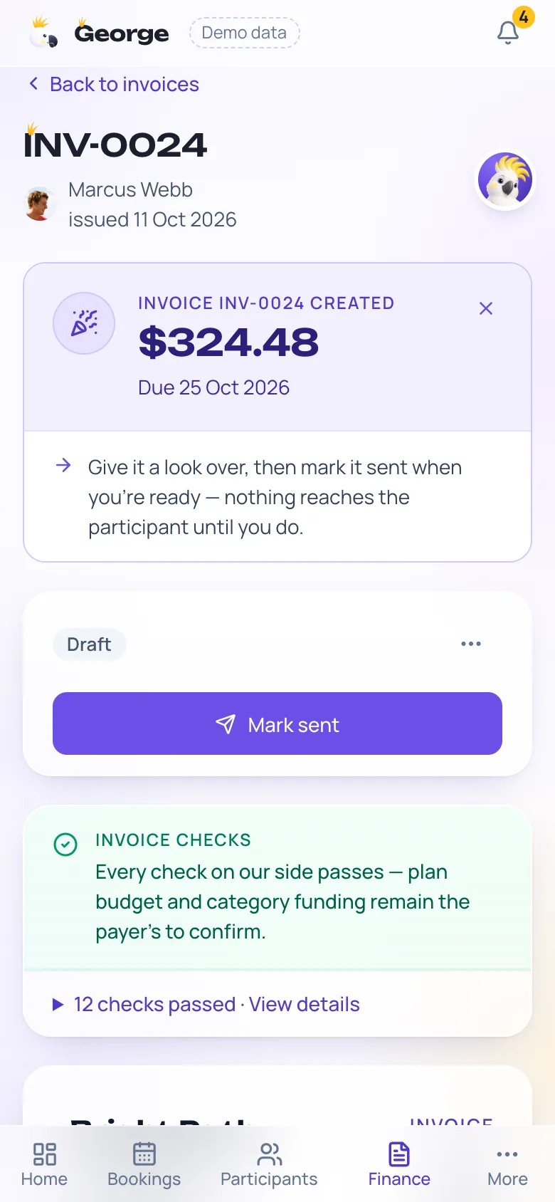 A finished invoice on a phone with every check passed and a Mark sent button