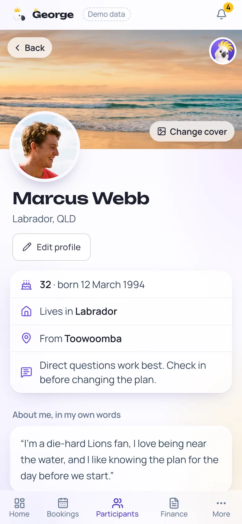 Marcus Webb's profile on a phone: a beach cover photo, where he lives and is from, and about him in his own words